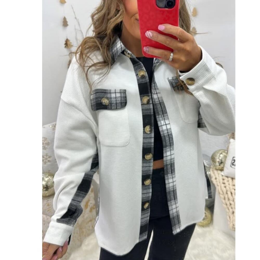 Everyday Chic Boutique White and black Waffle and plaid Shacket XL
